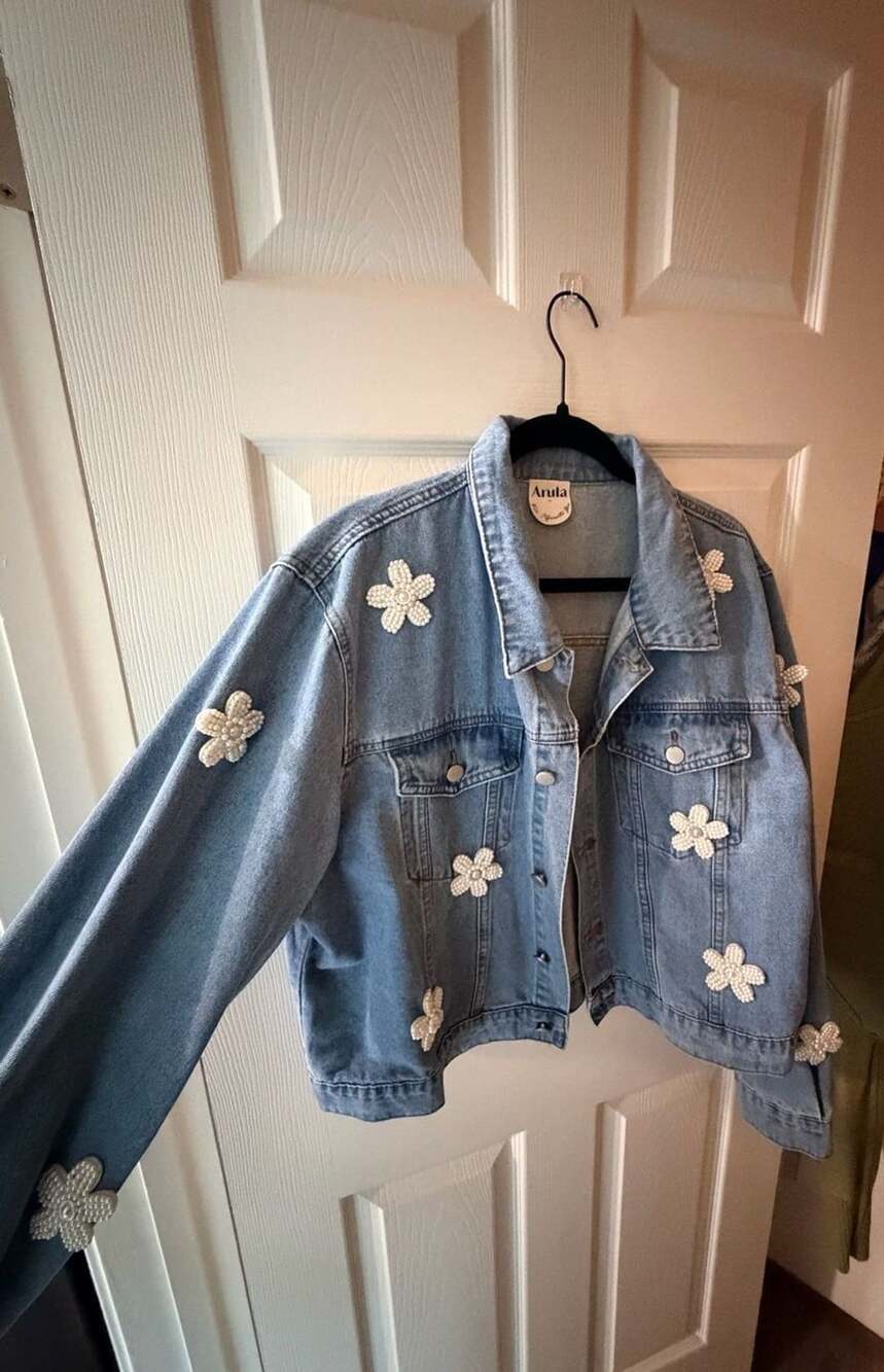 Arula Denim Jacket Beaded Flower Applique Blue